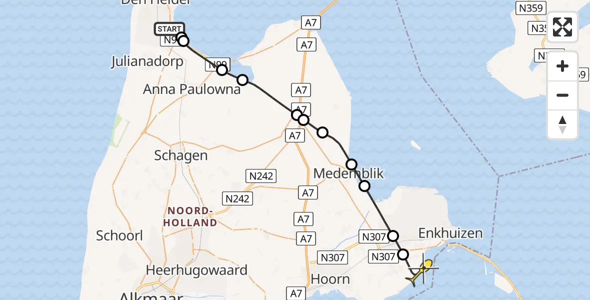 Routekaart van de vlucht: Kustwachthelikopter naar Venhuizen, Oostoeverweg