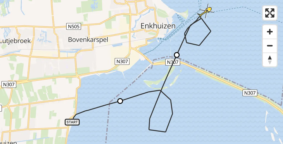 Routekaart van de vlucht: Kustwachthelikopter naar Enkhuizen, Zuiderdijk
