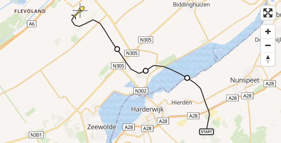 Routekaart van de vlucht: Traumahelikopter naar Lelystad Airport, Oudeweg