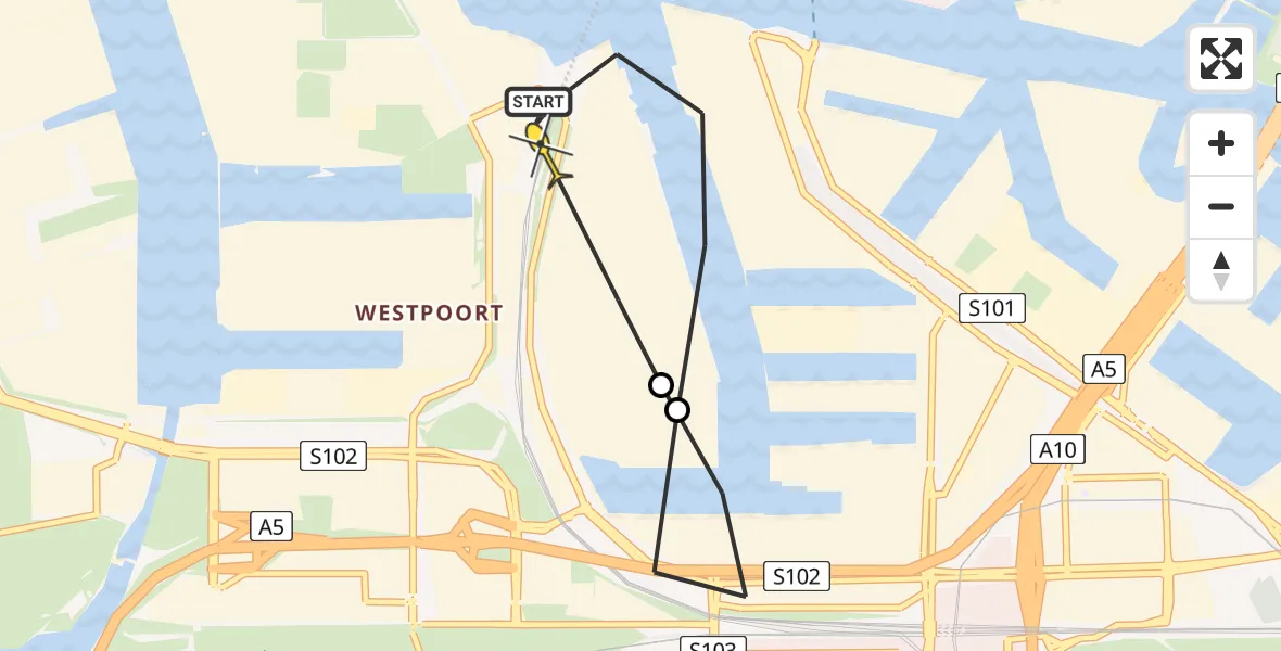 Routekaart van de vlucht: Lifeliner 1 naar Amsterdam Heliport, Westhavenweg