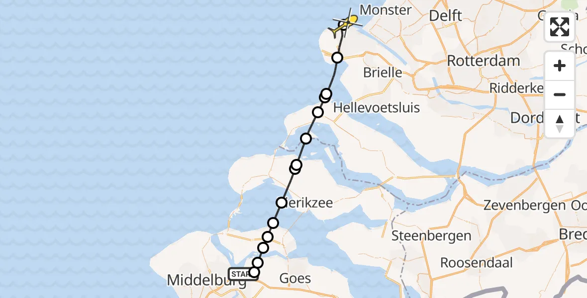 Routekaart van de vlucht: Kustwachthelikopter naar Hoek van Holland, Calandweg