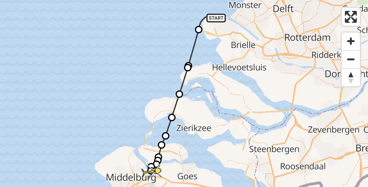 Routekaart van de vlucht: Kustwachthelikopter naar Vliegveld Midden-Zeeland, Prinses Máximaweg