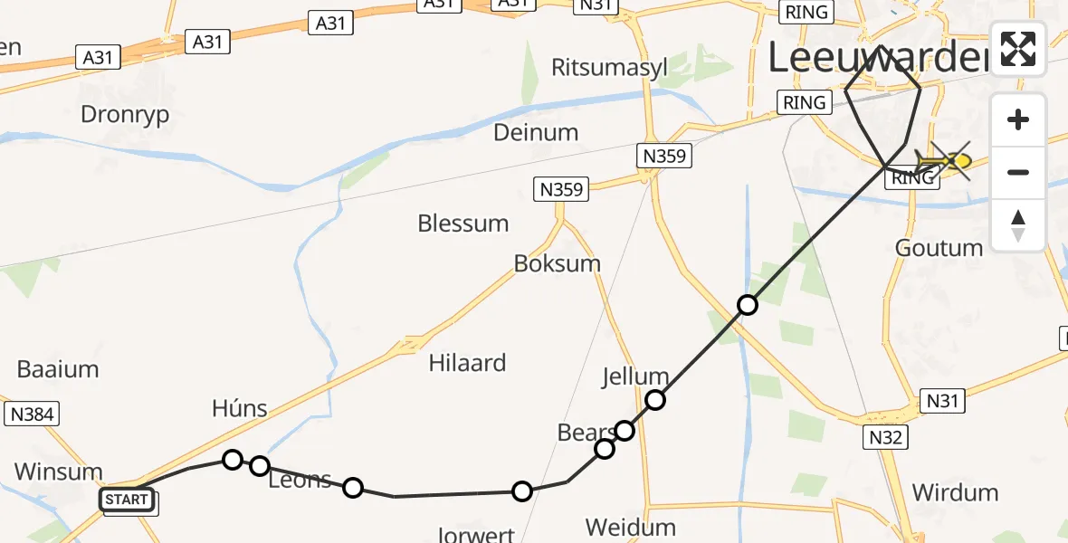 Routekaart van de vlucht: Lifeliner 4 naar Leeuwarden, Húns