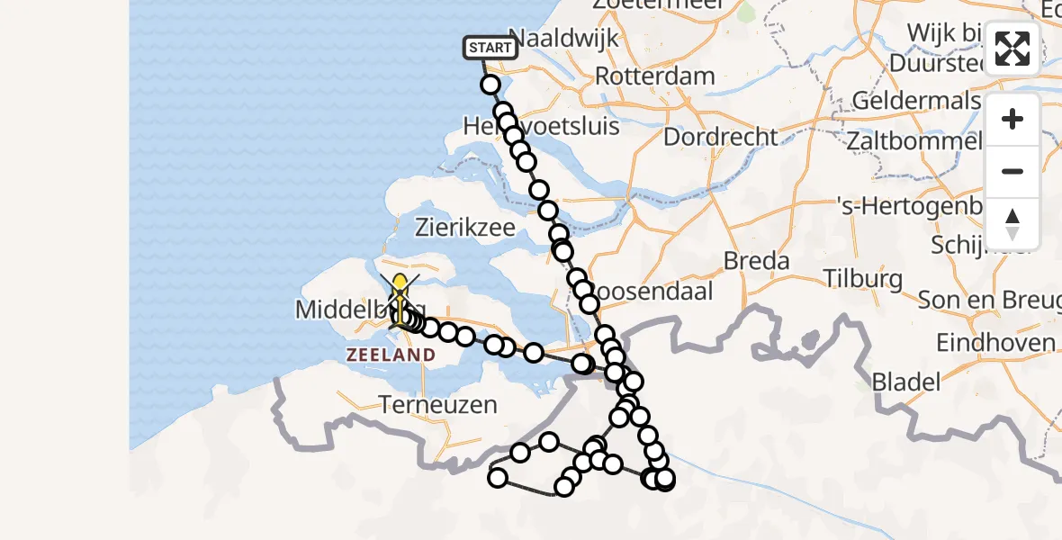 Routekaart van de vlucht: Kustwachthelikopter naar Vliegveld Midden-Zeeland, Mekongweg