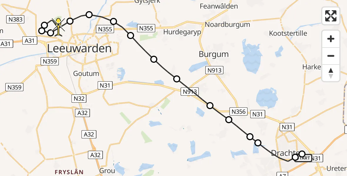 Routekaart van de vlucht: Ambulanceheli naar Vliegbasis Leeuwarden, Reidingweg