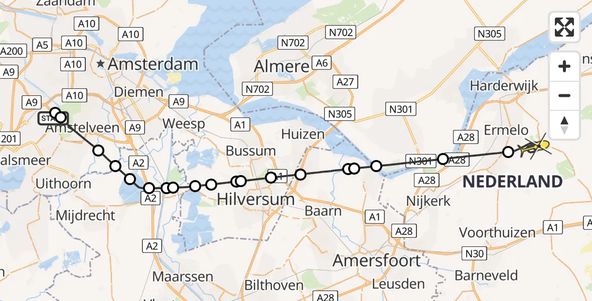 Routekaart van de vlucht: Politieheli naar Ermelo, Aalsmeer