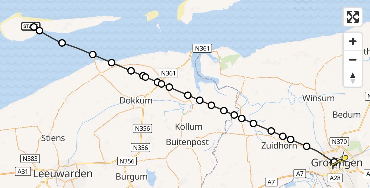 Routekaart van de vlucht: Ambulancehelikopter naar Universitair Medisch Centrum Groningen, Milieustraat Ameland