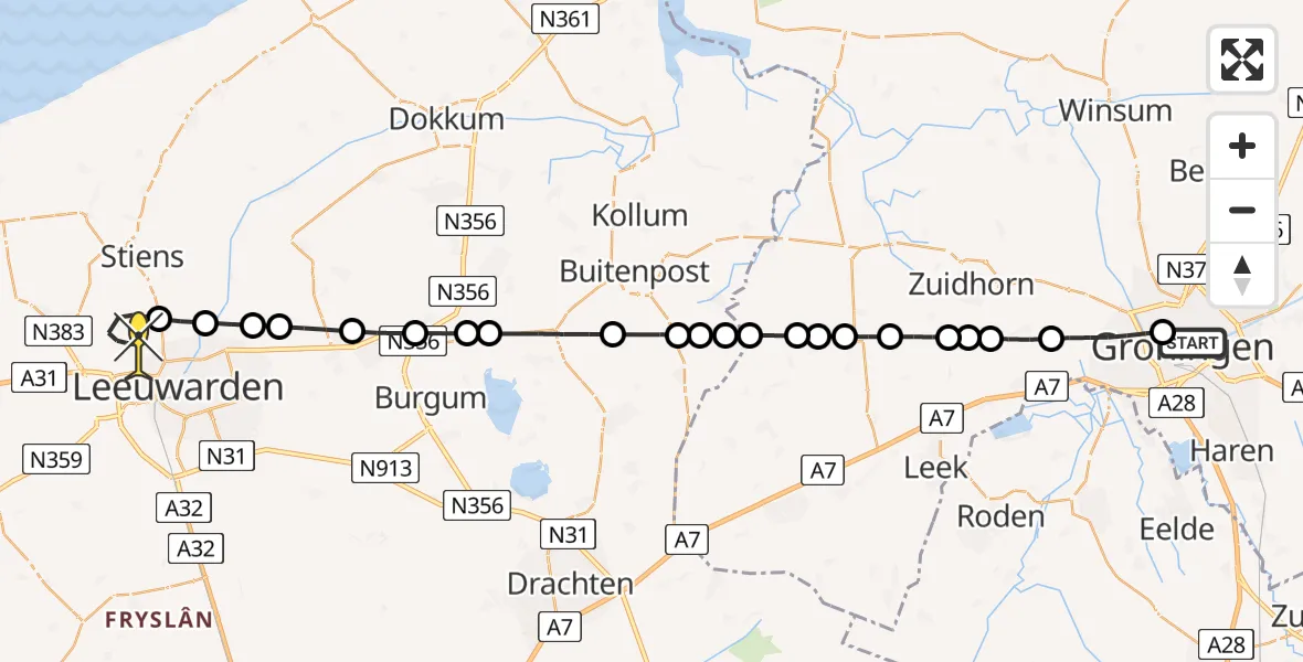 Routekaart van de vlucht: Ambulancehelikopter naar Vliegbasis Leeuwarden, Singelweg