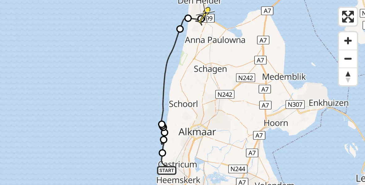 Routekaart van de vlucht: Kustwachthelikopter naar Vliegveld De Kooy, Oude Schulpweg