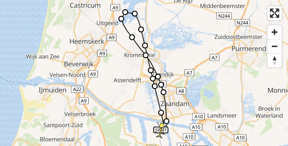 Routekaart van de vlucht: Lifeliner 1 naar Amsterdam Heliport, Grote Tocht