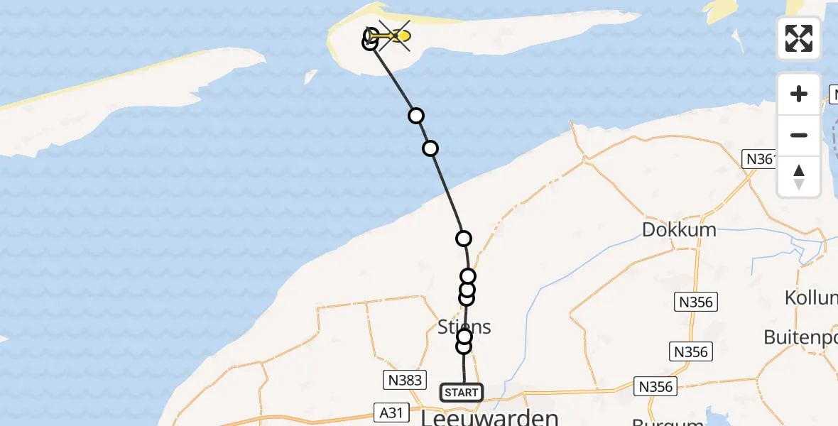 Routekaart van de vlucht: Ambulanceheli naar Ameland Airport Ballum, Keegsdijkje
