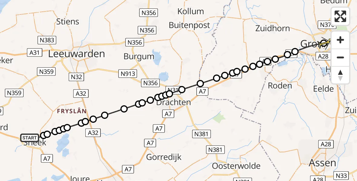 Routekaart van de vlucht: Lifeliner 4 naar Universitair Medisch Centrum Groningen, Gemeentelijke Begraafplaats Sneek