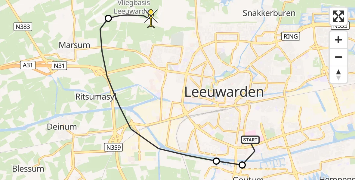 Routekaart van de vlucht: Ambulanceheli naar Vliegbasis Leeuwarden, Havenstêd