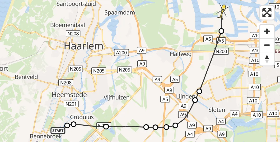 Routekaart van de vlucht: Lifeliner 1 naar Amsterdam Heliport, Cruquiuszoom