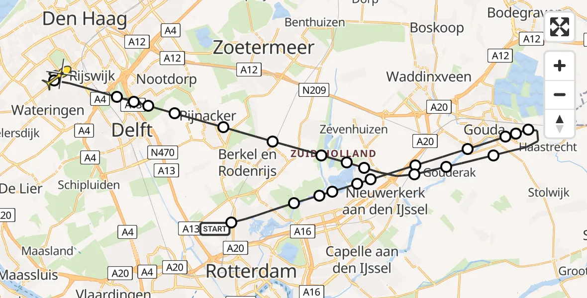 Routekaart van de vlucht: Lifeliner 2 naar Den Haag, Fairoaksbaan