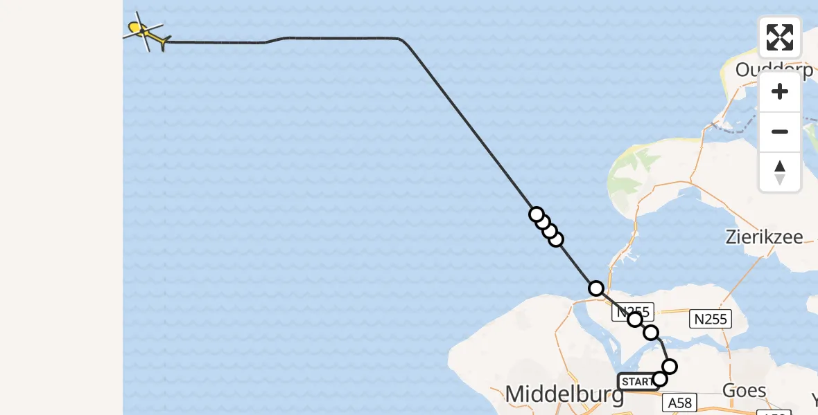 Routekaart van de vlucht: Kustwachthelikopter naar Calandweg