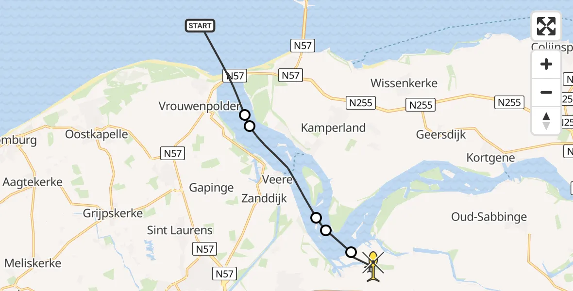 Routekaart van de vlucht: Kustwachthelikopter naar Vliegveld Midden-Zeeland, Mauritsbolwerk