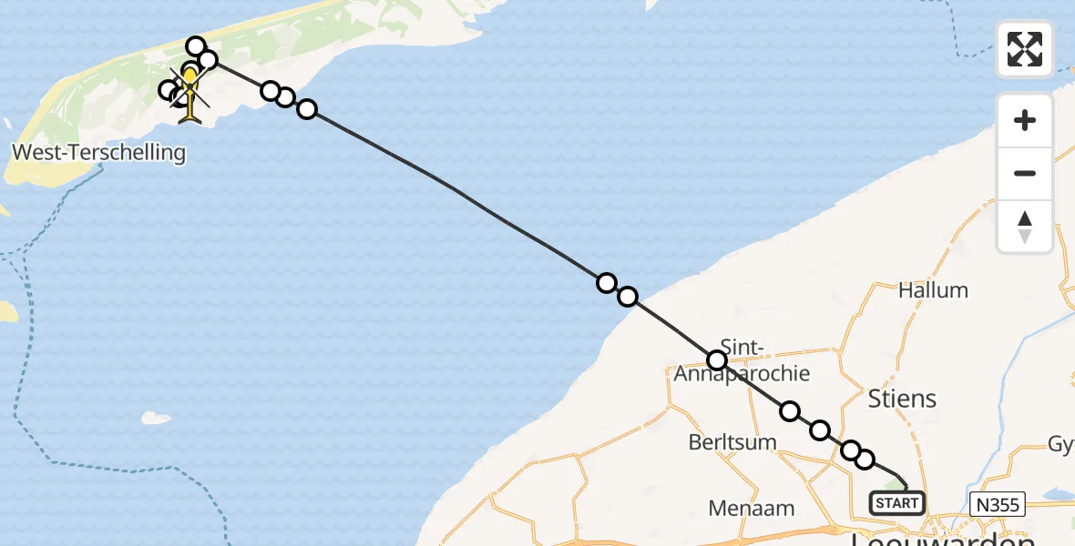 Routekaart van de vlucht: Ambulancehelikopter naar Midsland, Keegsdijkje