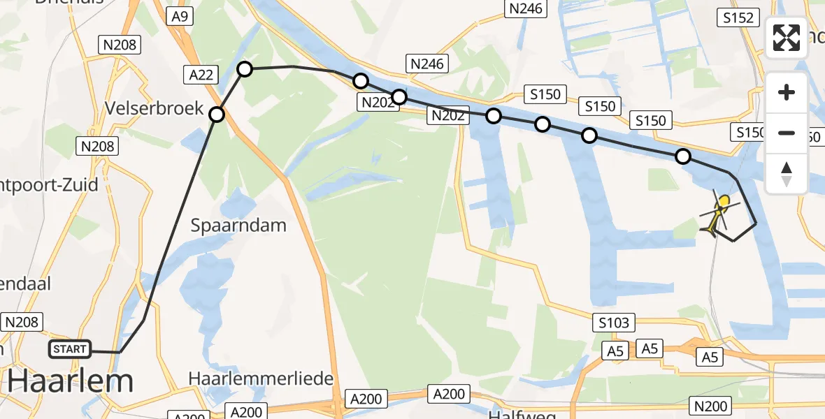 Routekaart van de vlucht: Lifeliner 1 naar Amsterdam Heliport, Tingietersweg