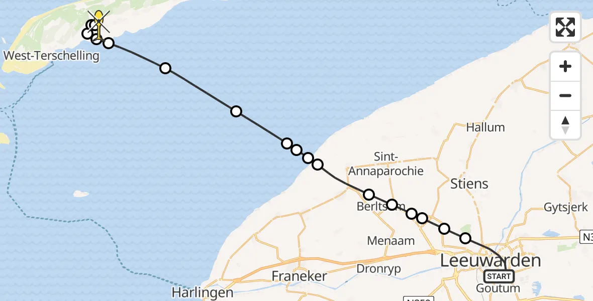 Routekaart van de vlucht: Ambulanceheli naar Midsland, Pieter Meeterstraat