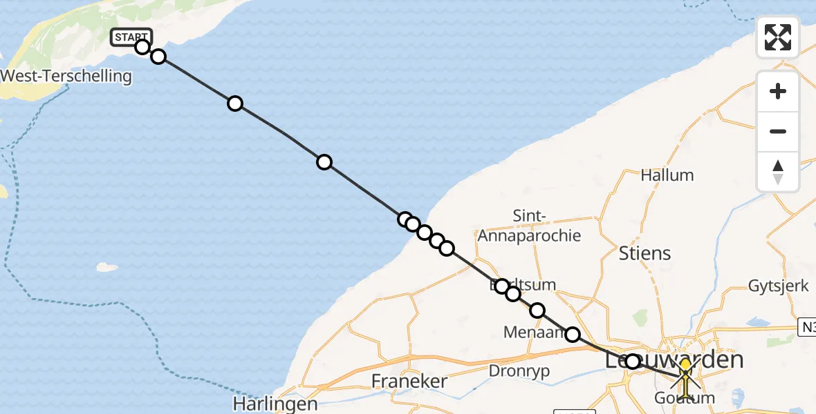 Routekaart van de vlucht: Ambulancehelikopter naar Leeuwarden, Tuintjesweg
