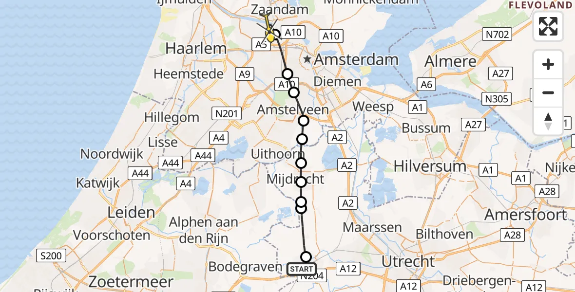 Routekaart van de vlucht: Lifeliner 1 naar Amsterdam Heliport, 's-Gravensloot