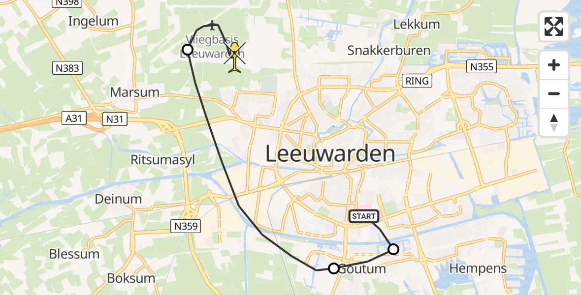 Routekaart van de vlucht: Ambulanceheli naar Vliegbasis Leeuwarden, Wetterkrite