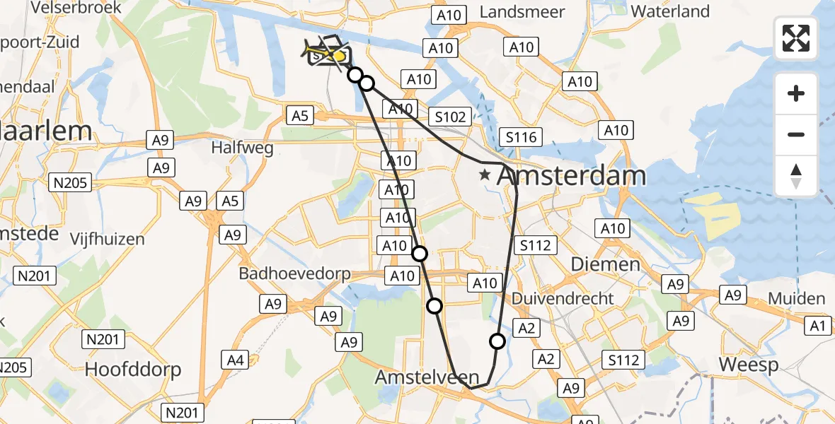 Routekaart van de vlucht: Lifeliner 1 naar Amsterdam Heliport, Westhaven