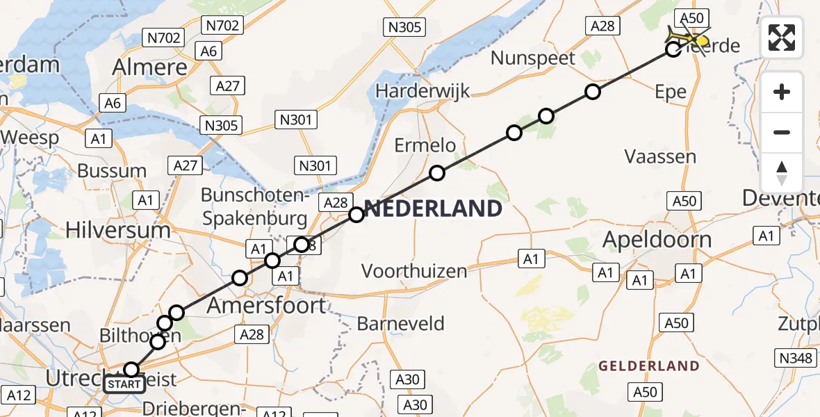 Routekaart van de vlucht: Lifeliner 3 naar Heerde, Utrechtseweg