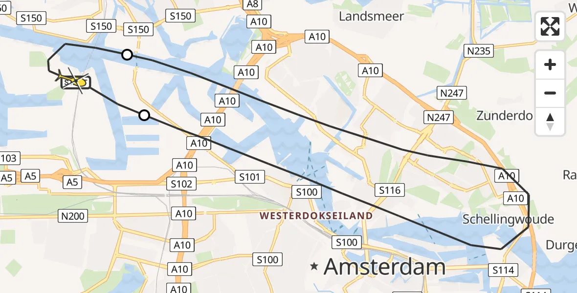 Routekaart van de vlucht: Lifeliner 1 naar Amsterdam Heliport, Kompasweg