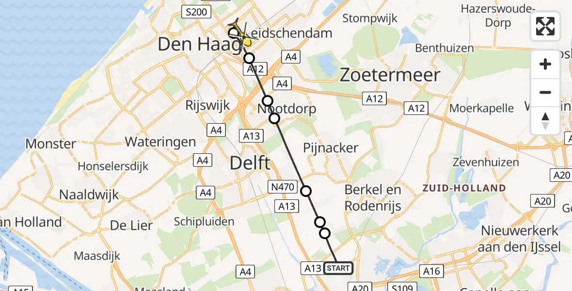 Routekaart van de vlucht: Lifeliner 2 naar Den Haag, Schieveense polder