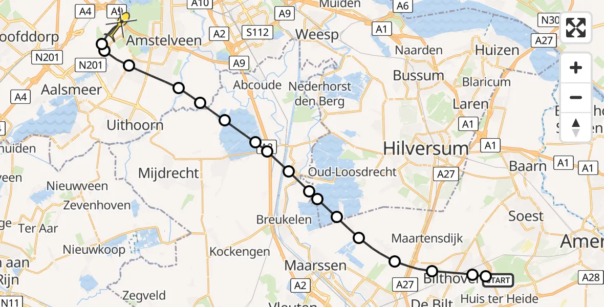 Routekaart van de vlucht: Politieheli naar Schiphol, Dolderseweg