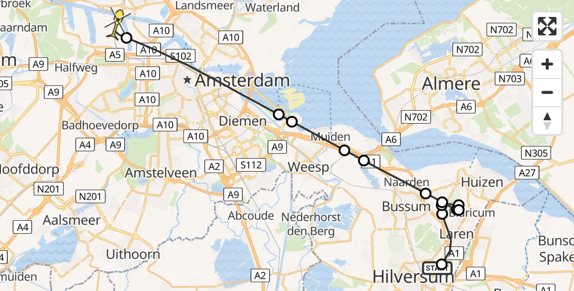 Routekaart van de vlucht: Lifeliner 1 naar Amsterdam Heliport, Vredelaan