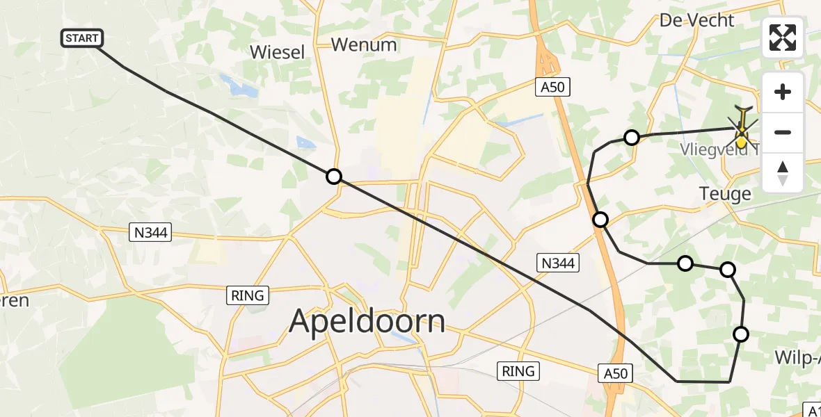 Routekaart van de vlucht: Politiehelikopter naar Vliegveld Teuge, Wieselseweg