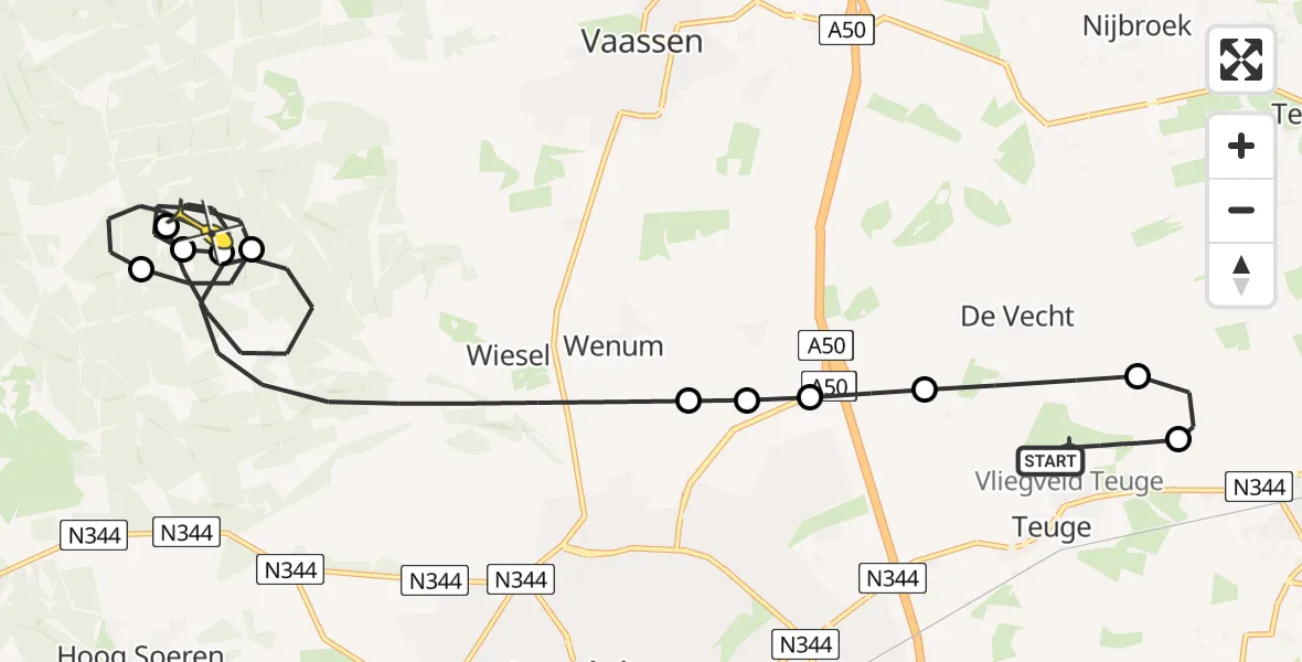 Routekaart van de vlucht: Politiehelikopter naar Vaassen, de Zanden