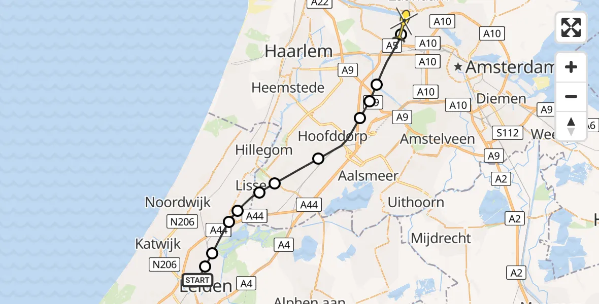 Routekaart van de vlucht: Lifeliner 1 naar Amsterdam Heliport, Vennemeerbrug