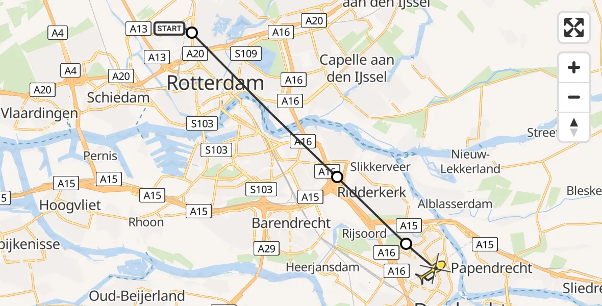 Routekaart van de vlucht: Lifeliner 2 naar Hendrik-Ido-Ambacht, G.K. van Hogendorpweg