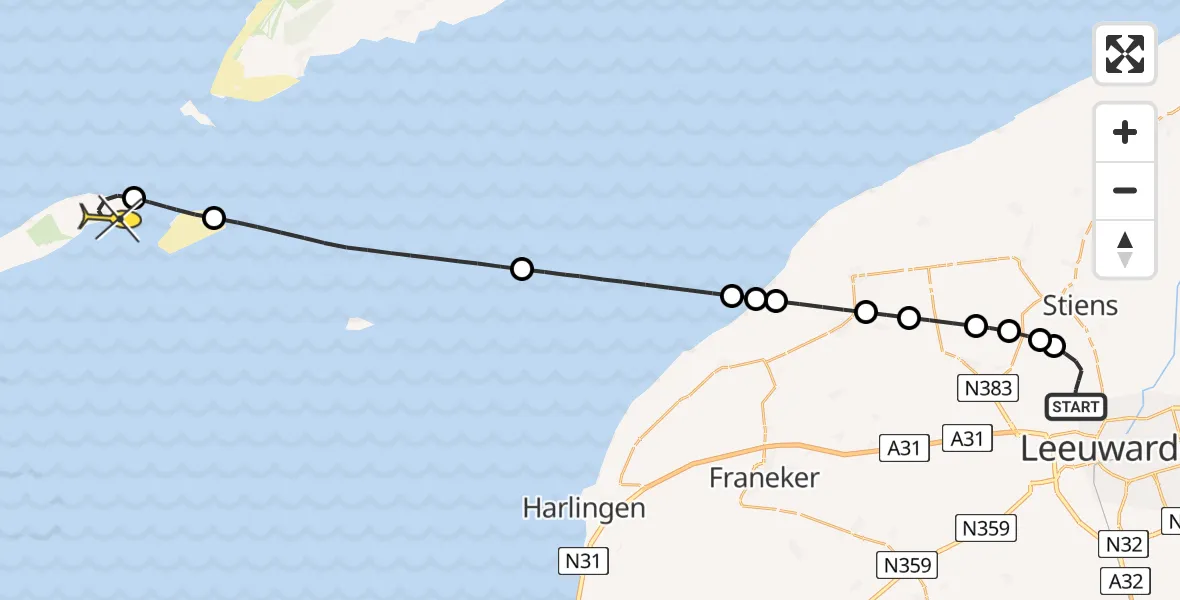 Routekaart van de vlucht: Ambulancehelikopter naar Vlieland Heliport, Keegsdijkje