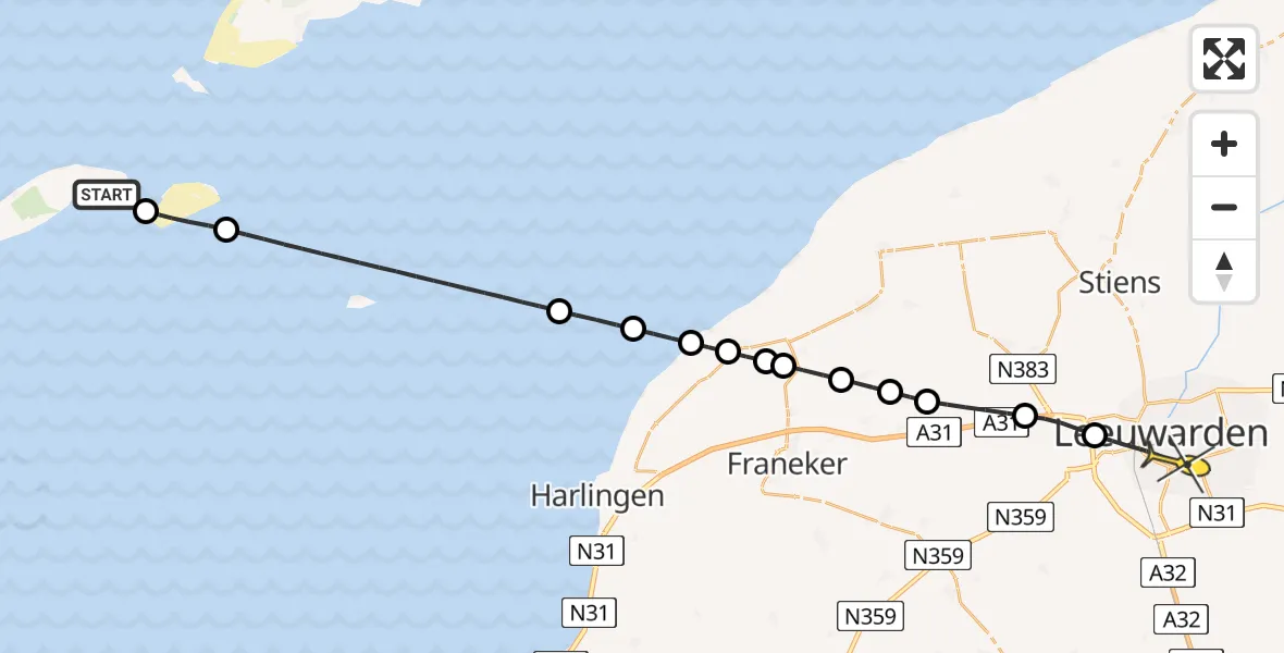 Routekaart van de vlucht: Ambulancehelikopter naar Leeuwarden, Haven Vlieland