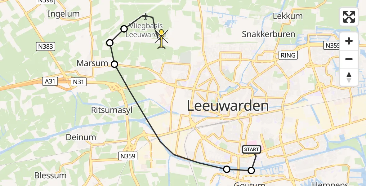 Routekaart van de vlucht: Ambulanceheli naar Vliegbasis Leeuwarden, Broukade