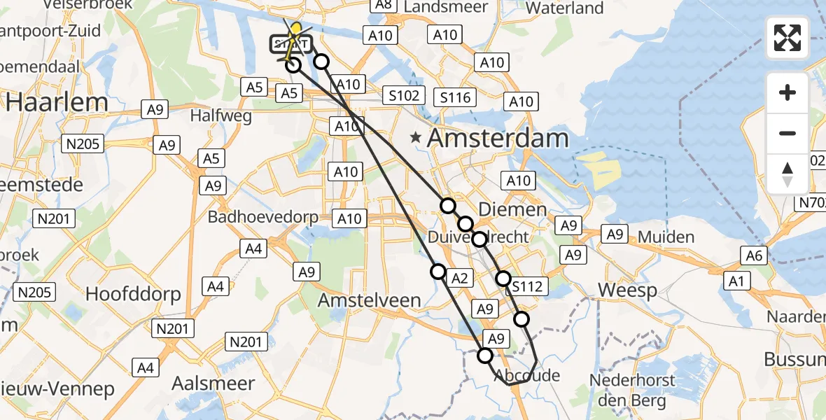 Routekaart van de vlucht: Lifeliner 1 naar Amsterdam Heliport, Kajuitpad