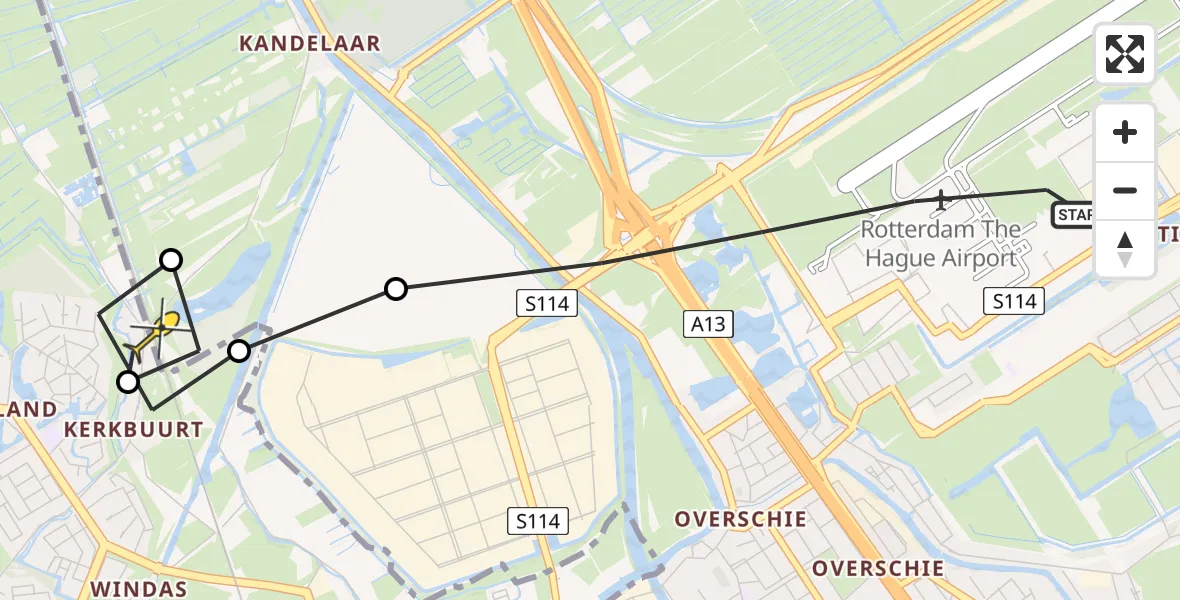 Routekaart van de vlucht: Lifeliner 2 naar Rotterdam, Vliegveldweg