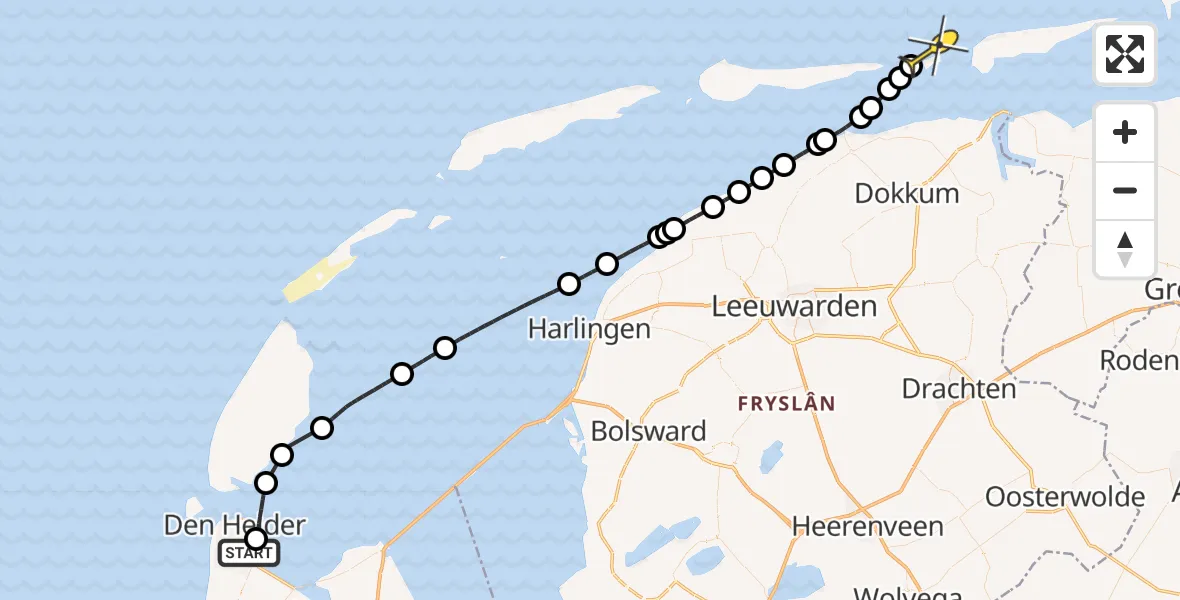 Routekaart van de vlucht: Kustwachthelikopter naar Nes, Oostoeverweg