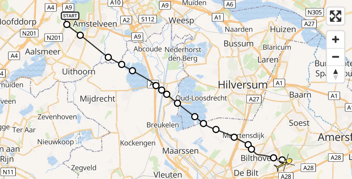 Routekaart van de vlucht: Politiehelikopter naar Huis ter Heide, Schipholdijk