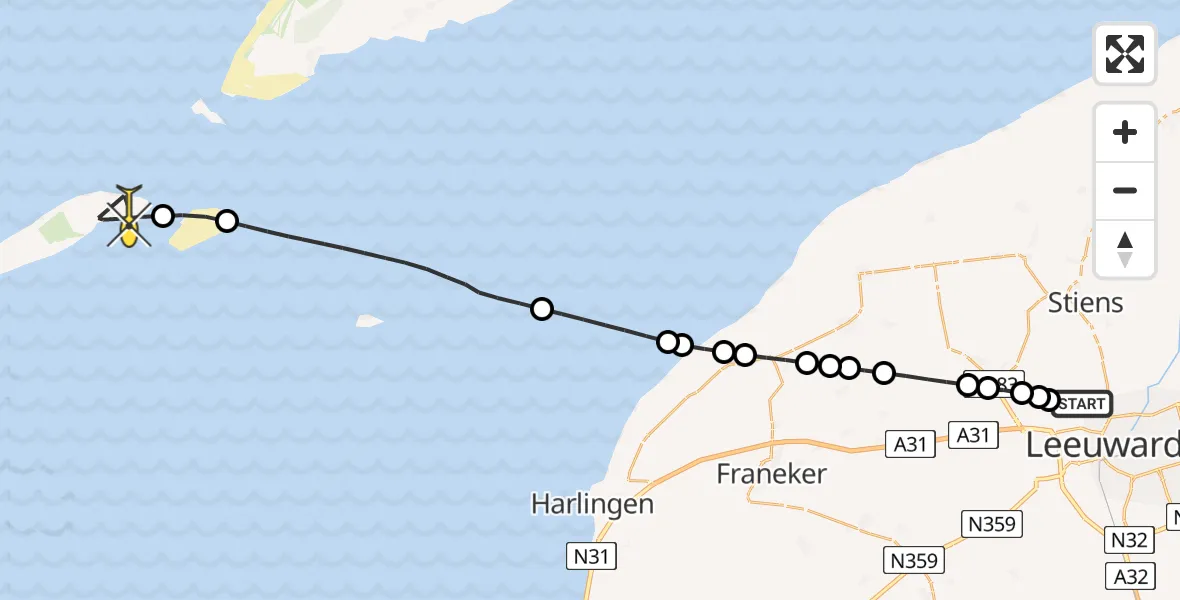 Routekaart van de vlucht: Ambulancehelikopter naar Vlieland Heliport, Keegsdijkje