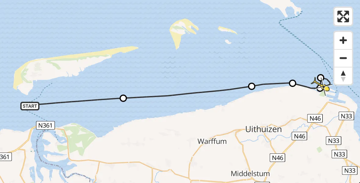 Routekaart van de vlucht: Kustwachthelikopter naar Uithuizermeeden, Geul van Brakzand