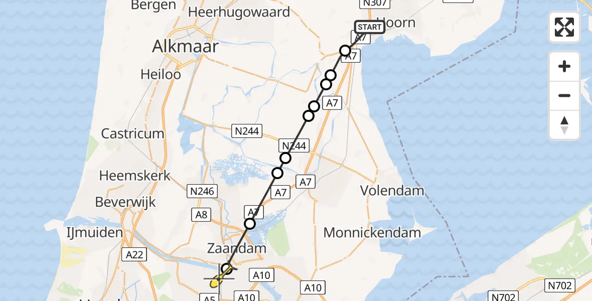Routekaart van de vlucht: Lifeliner 1 naar Amsterdam Heliport, Oosteinde