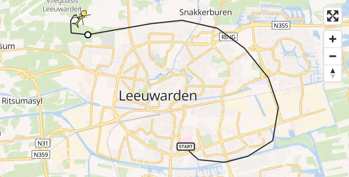 Routekaart van de vlucht: Ambulancehelikopter naar Vliegbasis Leeuwarden, Mannagras