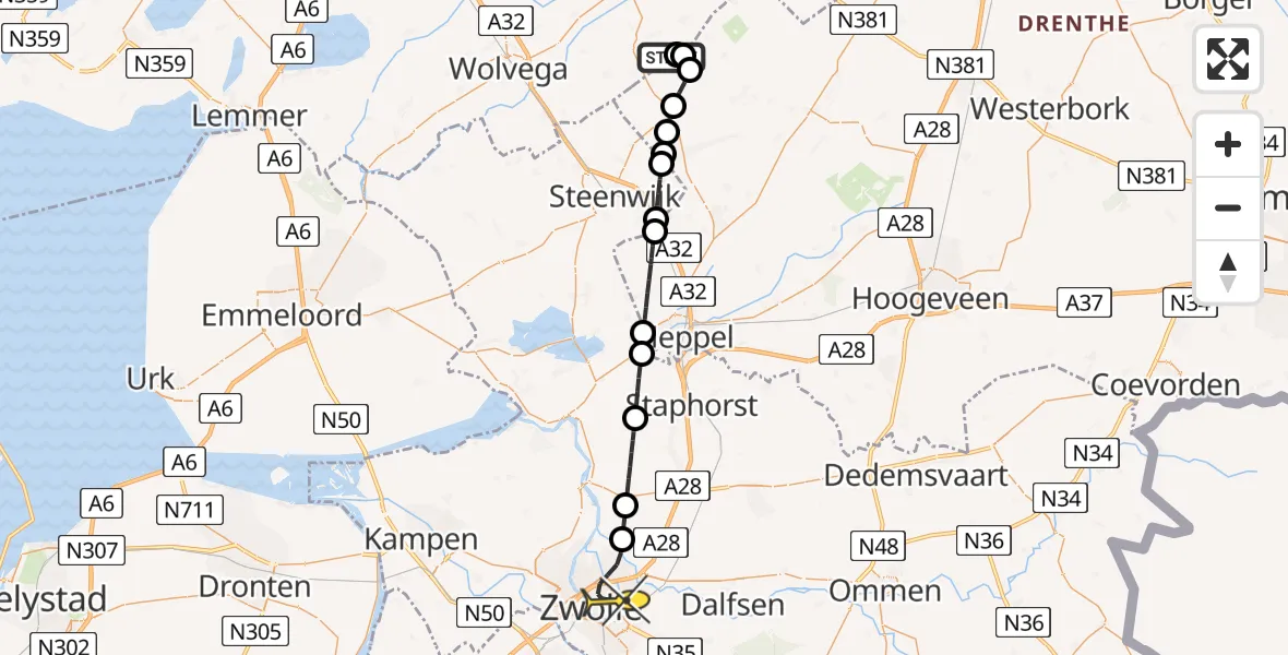 Routekaart van de vlucht: Lifeliner 4 naar Zwolle, P.W. Janssenlaan