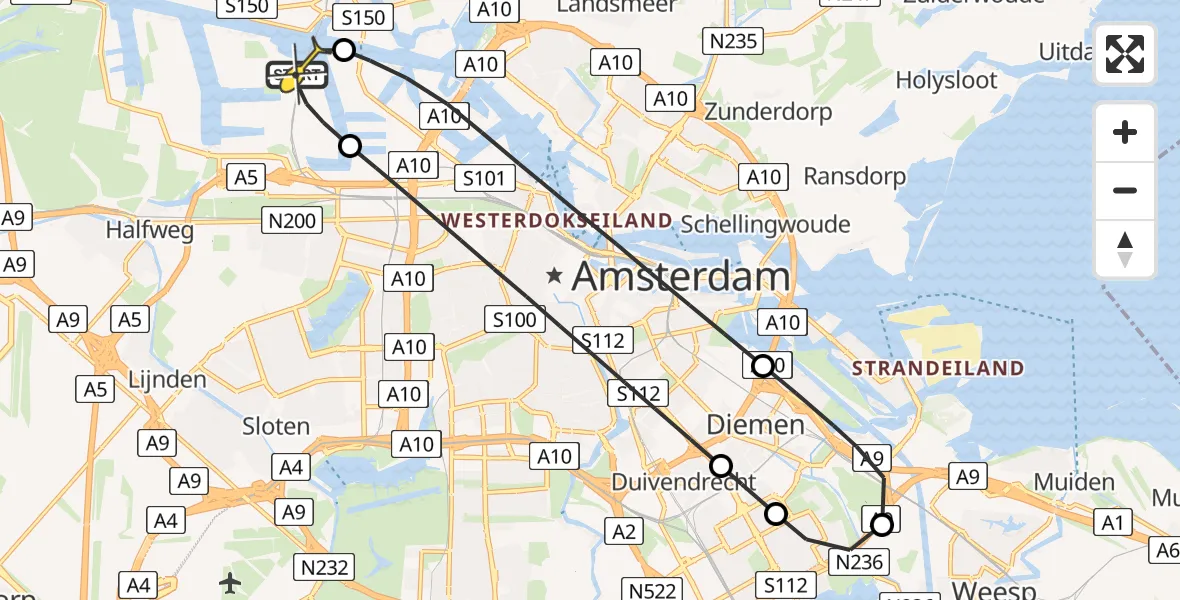 Routekaart van de vlucht: Lifeliner 1 naar Amsterdam Heliport, Corsicaweg